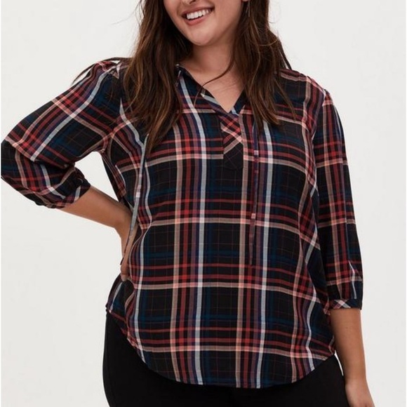 Torrid Plaid Rayon Twill Tie Neck Peasant Top Shirt Black Womens Plus Size 2X 2 - Picture 5 of 15